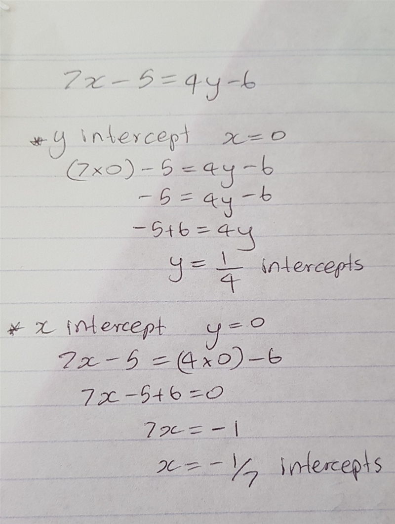 Determine the intercepts of the line. 7x-5=4y-6/7x−5=4y−6-example-1