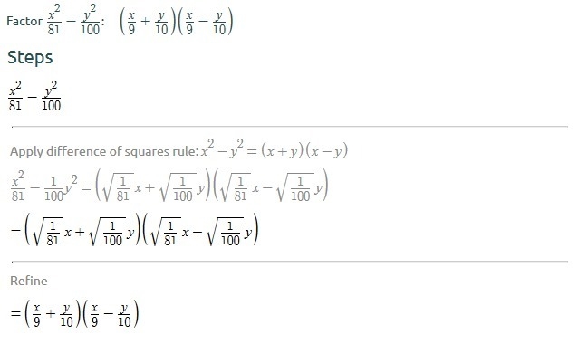 Factor the following x^2/81- y^2/100-example-1