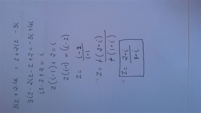 Solve for z, express answer in standard form: 3iz + (2-4i) = (1+2i)z - 3i-example-1