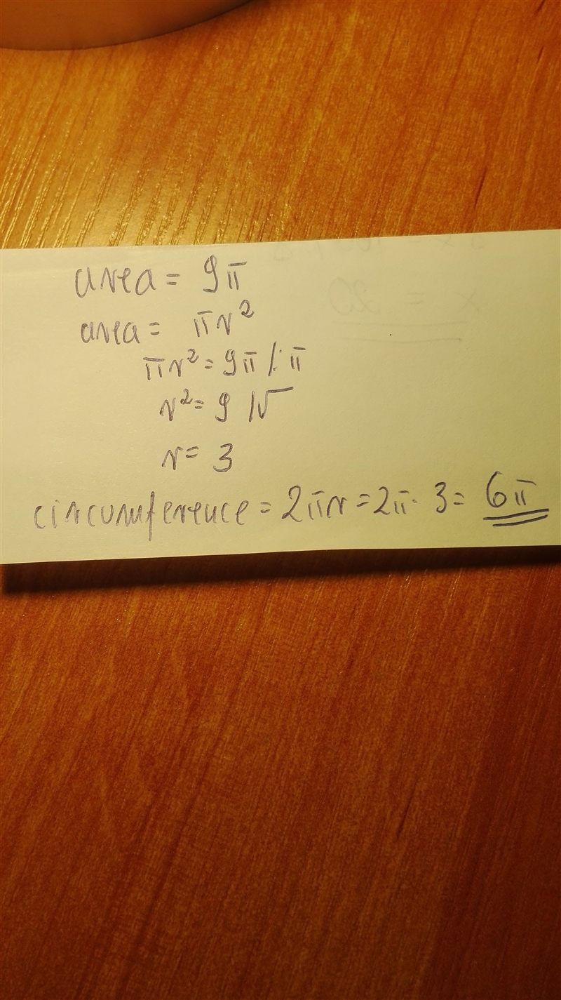 If the area of a circle measures 9π cm2, what is the circumference of the circle in-example-1