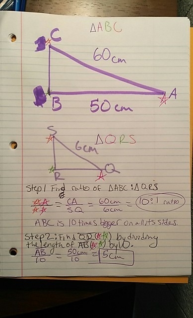 △ABC△ABC is similar to △QRS△QRS. Also, sideABsideAB measures 50 cm, sideACsideAC measures-example-1