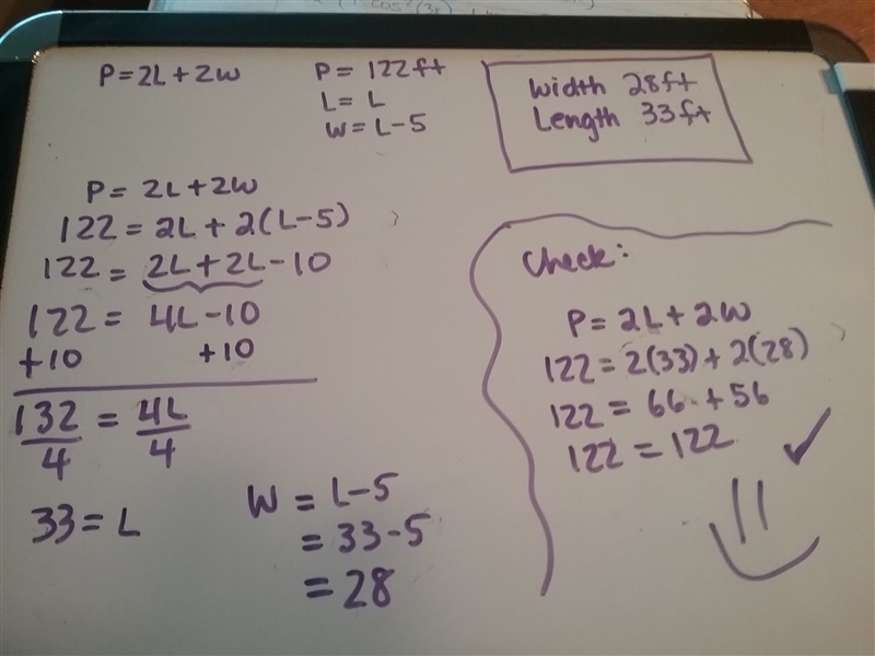 The perimeter of a rectangular house is 122 ft. the width is 5 ft less than the length-example-1