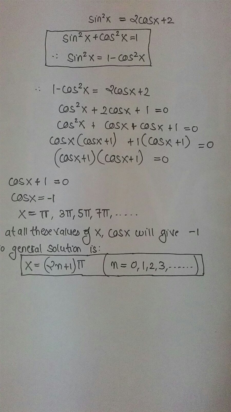 Find all solutions of the equation in the interval [0,2pi), sin^2X=2+2 cosx-example-1