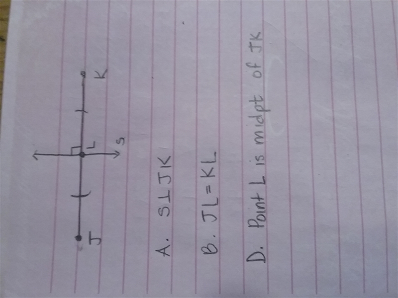 Line s is the perpendicular bisector of JK. If line s intersects JK at point L, which-example-1