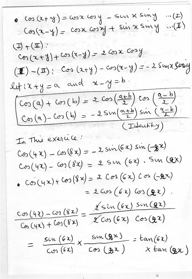 (cos(4x)-cos(8x))/(cos(4x)+cos(8x))=tan(2x)tan(6x)-example-1