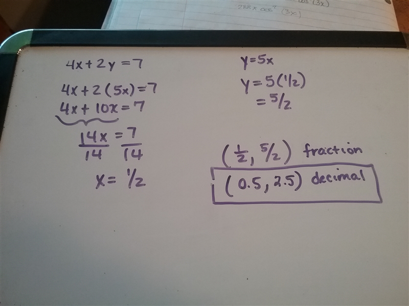 Solve the system 4x+2y=7 y=5x A. (1,5) B. (3,15) C. (2,10) D. (0.5,2.5)-example-1