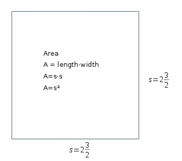 a square has the side measurment of s = 2 3 over 2 using the formula 1= s^2 find the-example-1