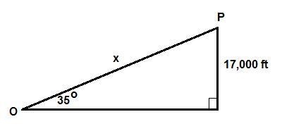 An observer (0) spots a plane flying a 35° angle to his horizontal line of the sight-example-1