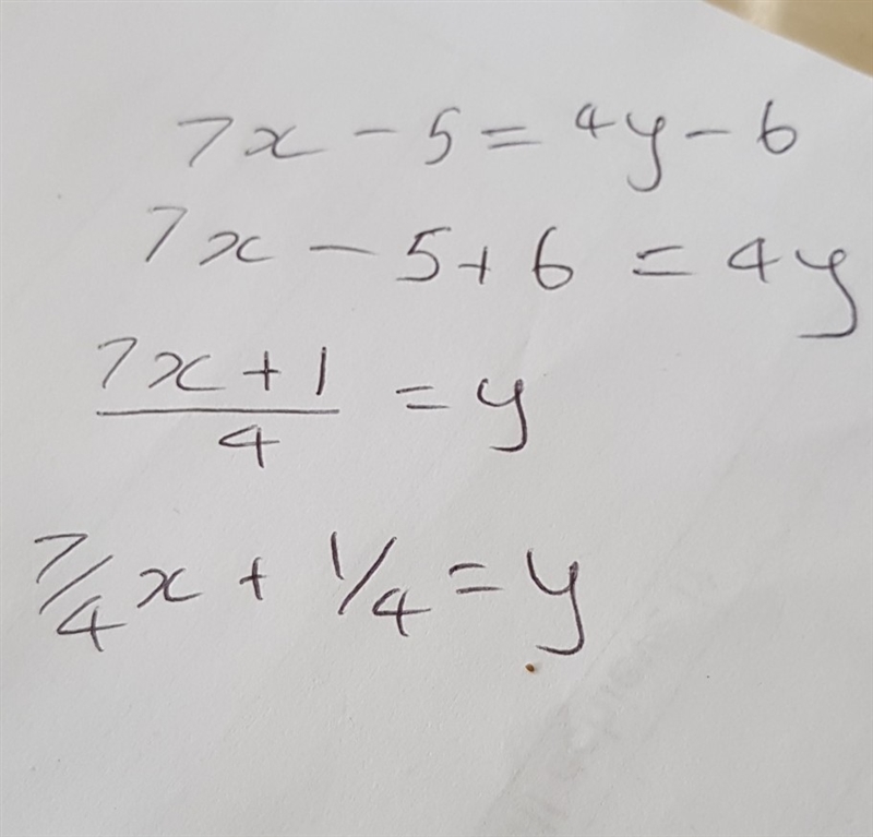 Determine the intercepts of the line. 7x-5=4y-6-example-1