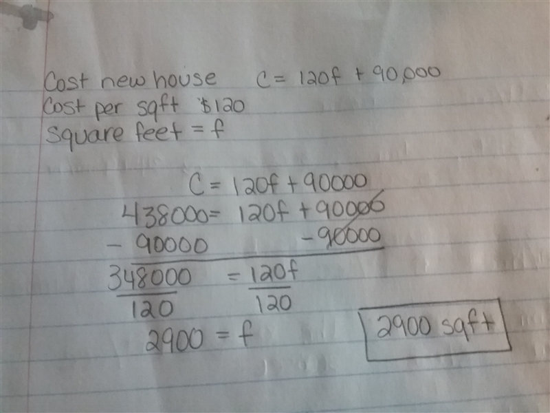 The cost of a new house can be represented by the regression equation c = 120f + 90,000, where-example-1