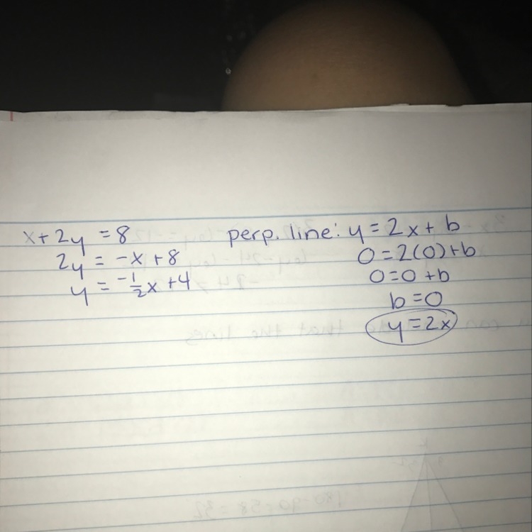 Line L is perpendicular to the line with equation x + 2y = 8 and passes through the-example-1