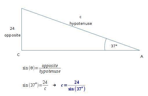 Refer to right triangle ABC with C = 90°. If A = 37° and a = 24 m, find c.-example-1