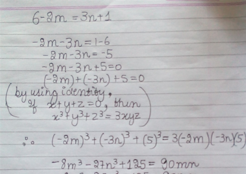 How to solve this linear equation 6-2m=3n+1?-example-1