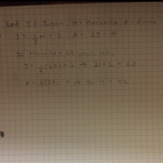 Justin is 2 years older than one third Marcella's age. Aimee is four years younger-example-1