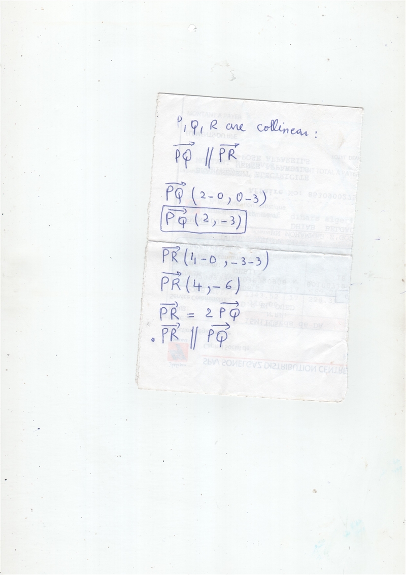 The set of points P(0, 3), Q(2, 0), R(4, -3) are collinear-example-1