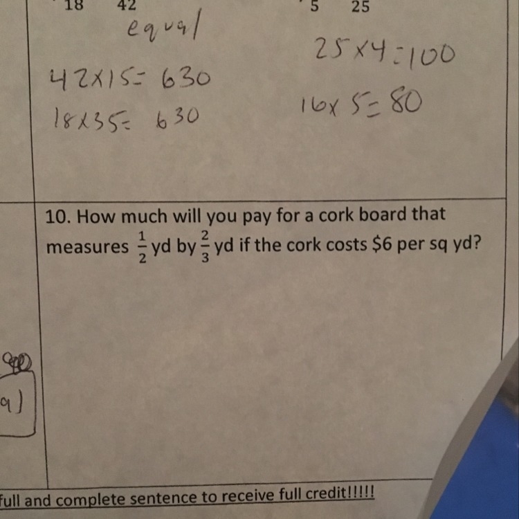 How much will you pay for a cork board that measures 1/2 yd by 2/3 yd if the cork-example-1