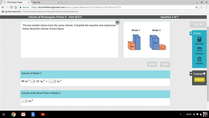 HELP? The two models shown have the same volume. Complete the equation and expression-example-1