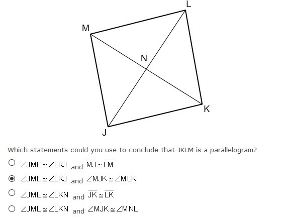 Which statements could you use to conclude that JKLM is a parallelogram?-example-1