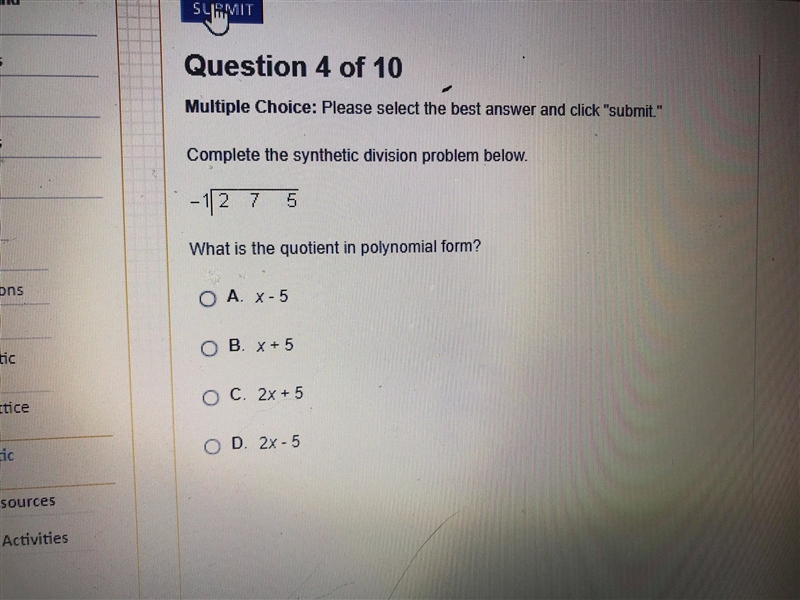 Complete the synthetic division problem below.-example-1