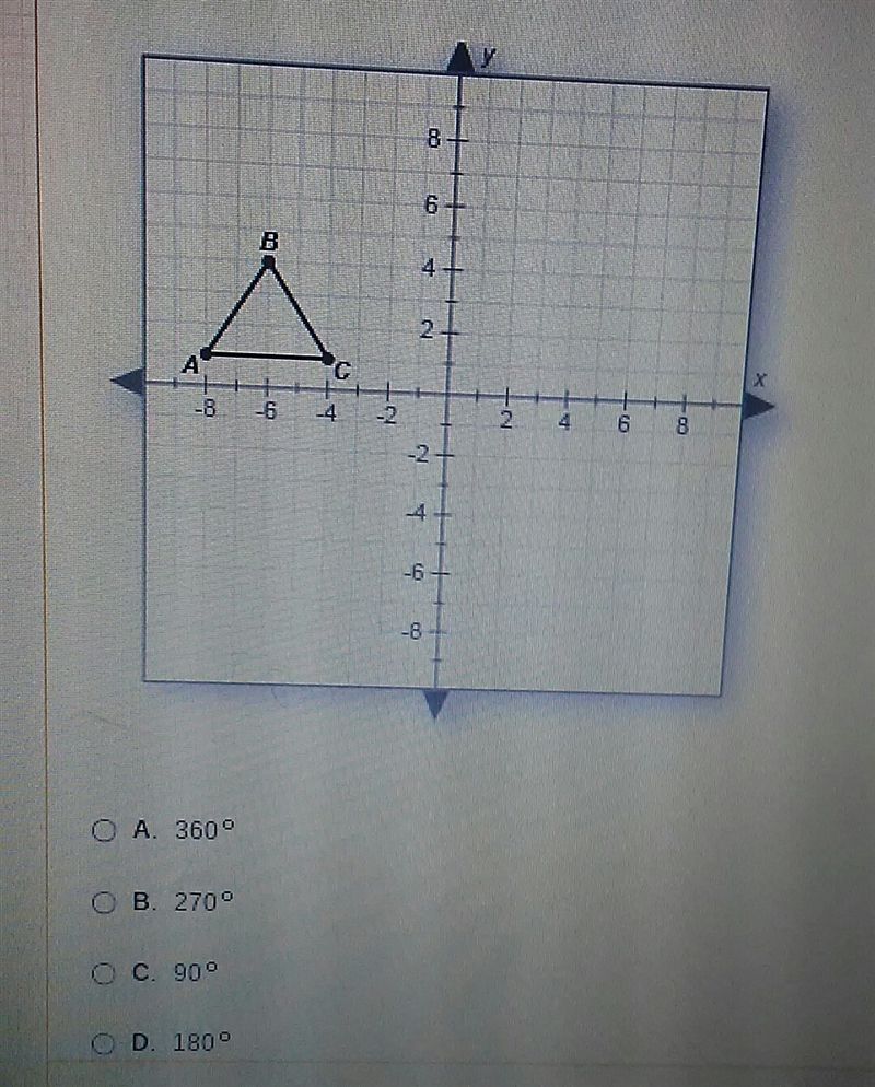 What degree of rotation will cause the triangle below to map onto itself-example-1