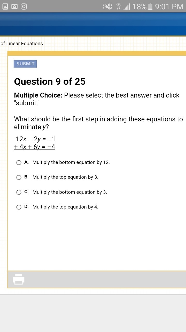 What should be the first step in adding these equations to eliminate y?-example-1