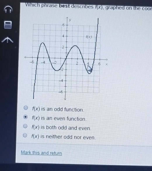 Which phrase best describes f(x) graphed on the on the coordinate plane below? f(x-example-1