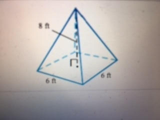 What volume of this pyramid with Height 8ft and Width 6Ft on one side and 6ft on the-example-1