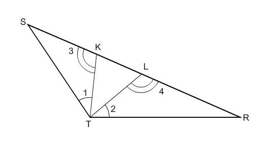 In the figure, m∠1=m∠2 = 22 and m∠3 = m∠4 = 123. Find m∠TSK. Choices: 33 35 45 22-example-1