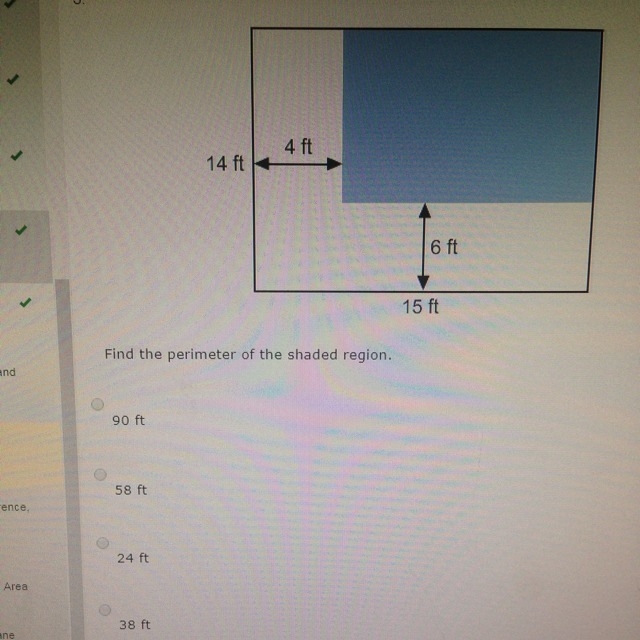 Find The Perimeter Of The Shaded Region 90 ft 58 ft 24 ft 38 ft-example-1