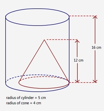 A cylinder has a height of 16 cm and a radius of 5 cm. A cone has a height of 12 cm-example-1