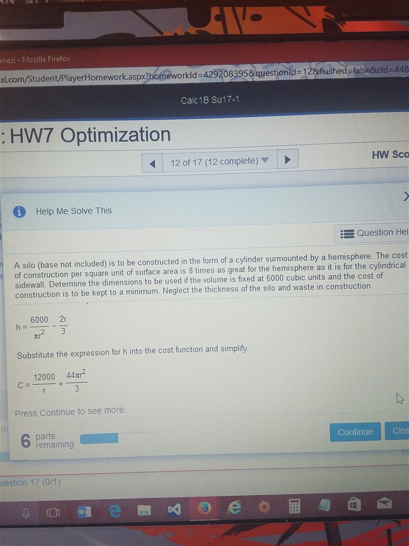 Optimization Calculus Problem I understood that area= SA of hemisphere+ LA of Cyclinder-example-1