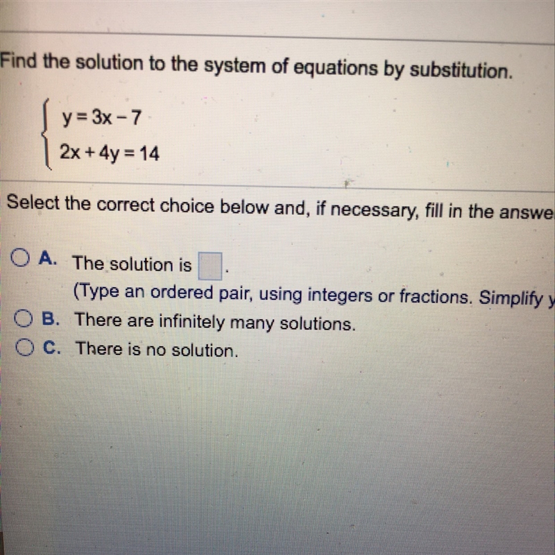 Equations by substitution y=3x-7; 2x+4y=14-example-1