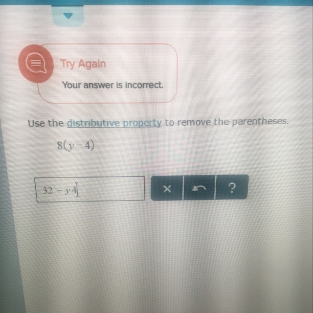 Use the distributive property to remove the parentheses 8(y-4)-example-1