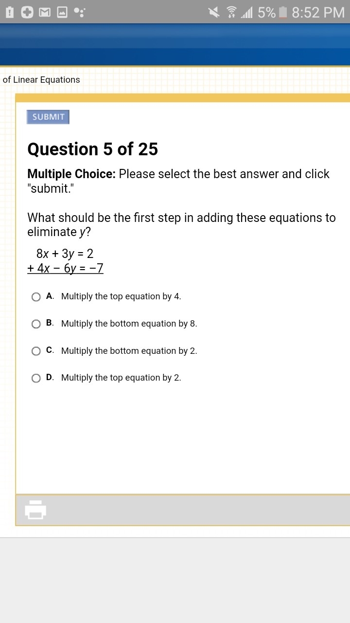 What should be the first step in adding these equations to eliminate y? 8x + 3y = 2 + 4x-example-1