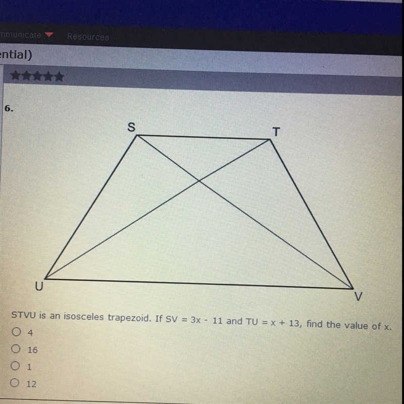 STVU is an isosceles trapezoid. If SV= 3x - 11 and TU = x + 13, find the value of-example-1