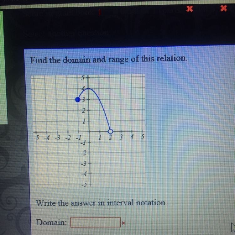 I need help finding the domain and range of the graph shown. I put (infinity, 2) for-example-1