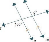 Two parallel lines are crossed by a transversal. What is the value of g? g = 75 g-example-1