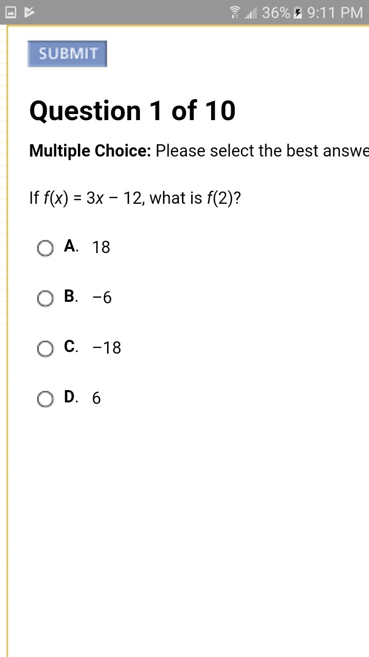 If f(x) = 3x – 12, what is f(2)?-example-1