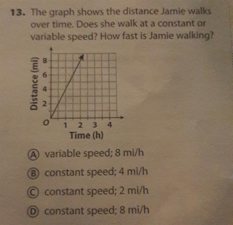 the graph shows the distance Jamie walks over time.Does she walk at a constant or-example-1