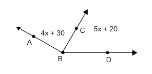 If angle A B C is congruent to angle C B D, find x.-example-1