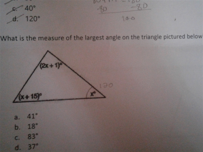 What is the measure of the largest angle on the triangle!-example-1