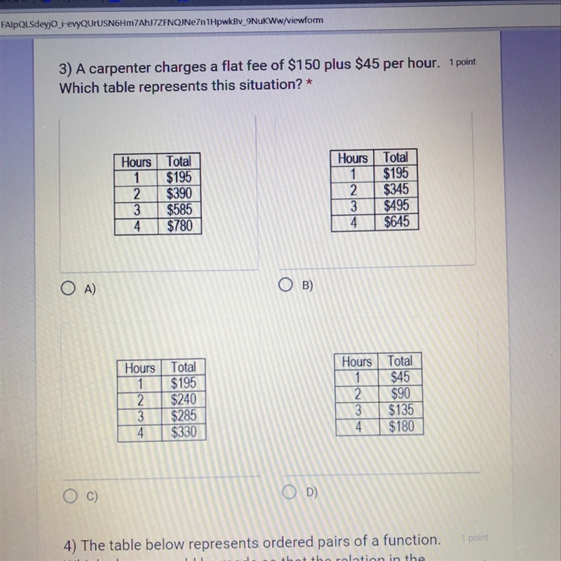 A carpenter charges a flat fee of $150 plus $45 per hour. Which table represents this-example-1