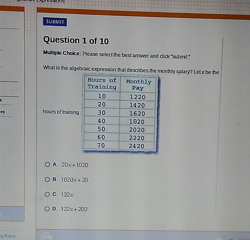 What is the algebraic expression that describes the monthly salary? Let x be the hours-example-1