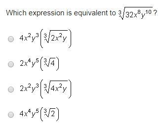 Which expression is equivalent to 3√32x^8y^10?-example-1