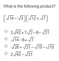 What is the following product? (√14-√3)(√12+√7)-example-1