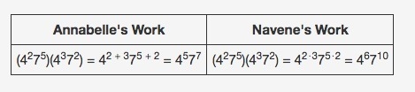 Annabelle and Navene are multiplying (4 to the power of 2•7 to the power of 5)(4 to-example-1