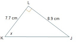 The equation tan−1 (8.9/7.7) = x can be used to find the measure of angle LKJ. What-example-1