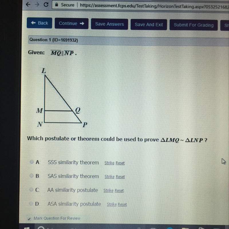 Which postulate or theorem could be used to prove triangleLMQ is congruent to triangleLNP-example-1