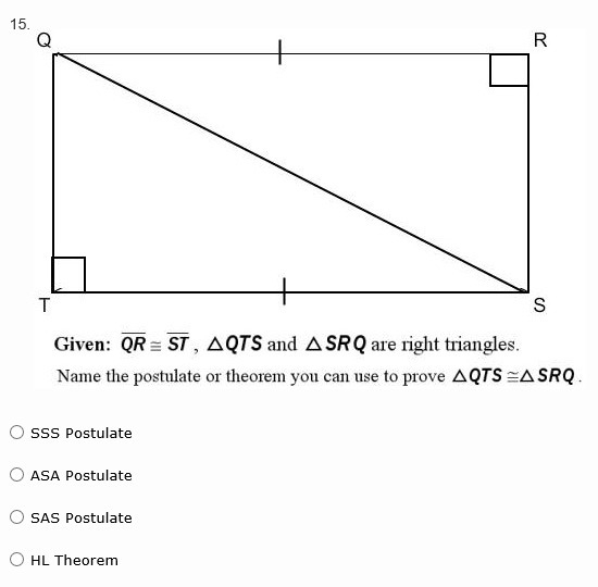 PLS HELP!!!! Name the postulate or theorem you can sue to prove QTS=SRQ-example-1