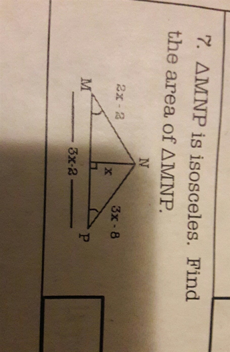 Triangle MNP is isosceles. Find the area of triangle MNP.-example-1